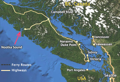 Map of Nootka Sound and surrounding area showing routes from BC and the US